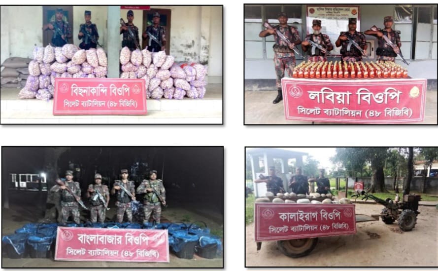 জৈন্তাপুর সীমান্তে বিপুল পরিমাণ চোরাচালানী পণ্য জব্দ